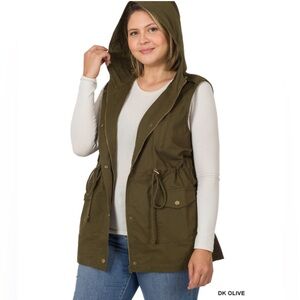 NWT ZENANA PLUS DRAWSTRING WAIST MILITARY HOODIE VEST